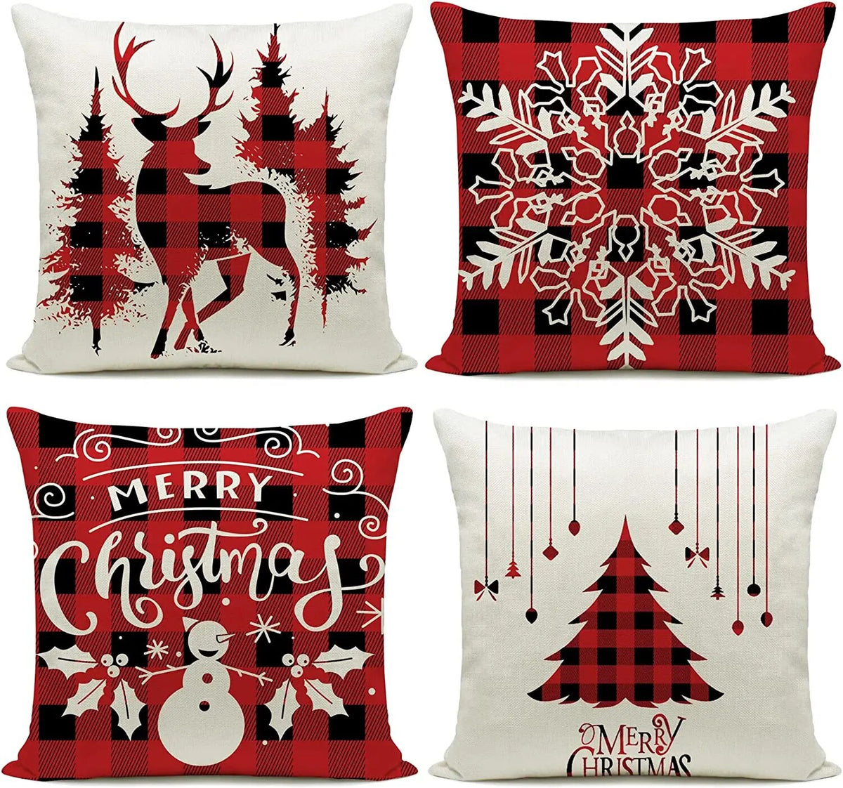 Square Christmas Pillows Covers 18x18 Inch Set of 4, Linen Throw Pillow New